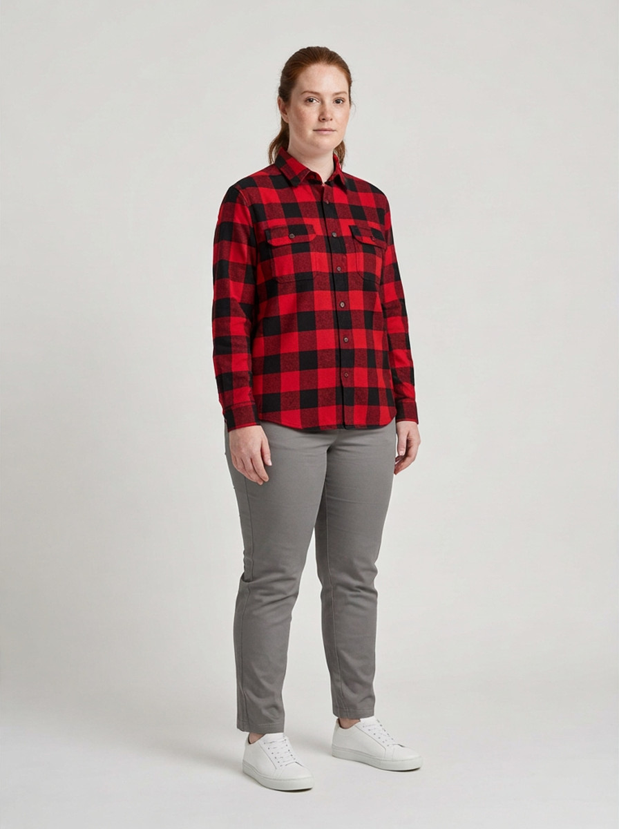 Red and black buffalo check flannel overshirt, three quarter