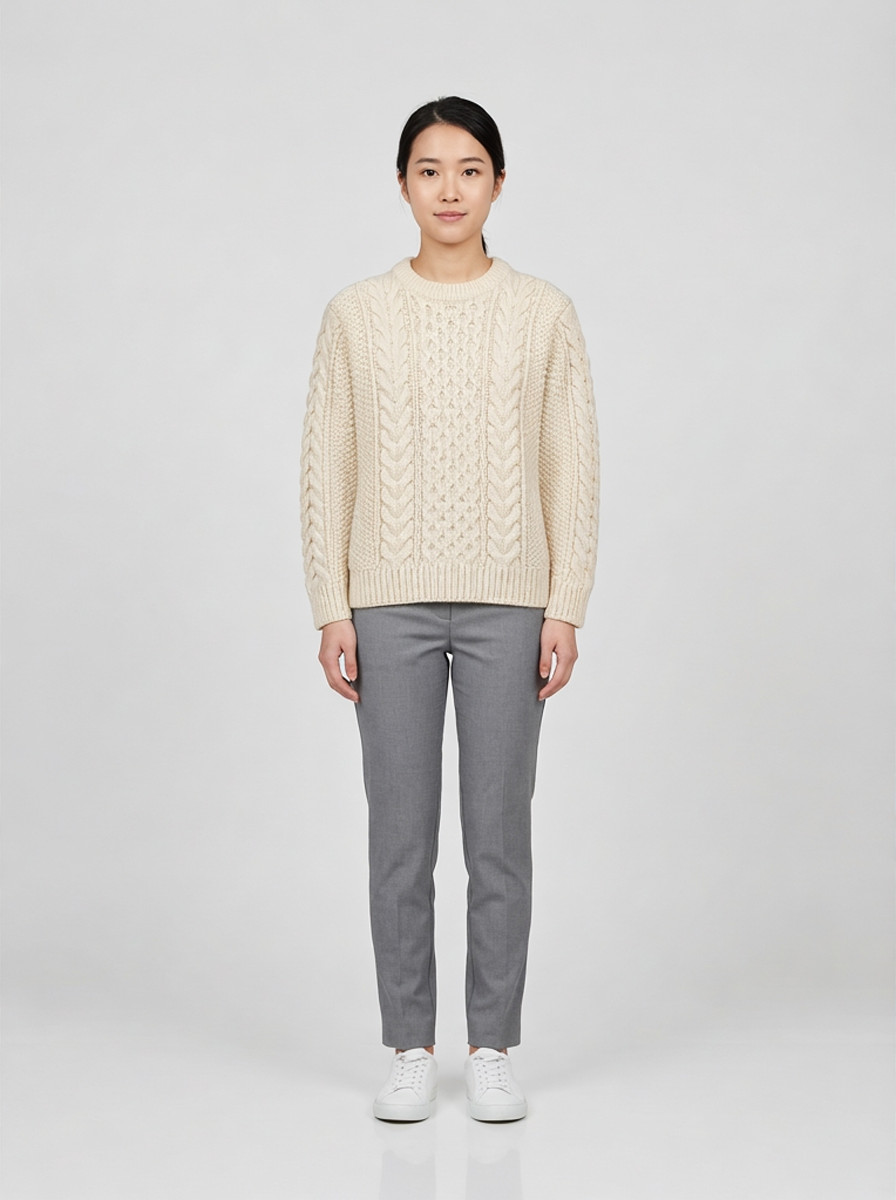 Cream chunky cable knit sweater, front