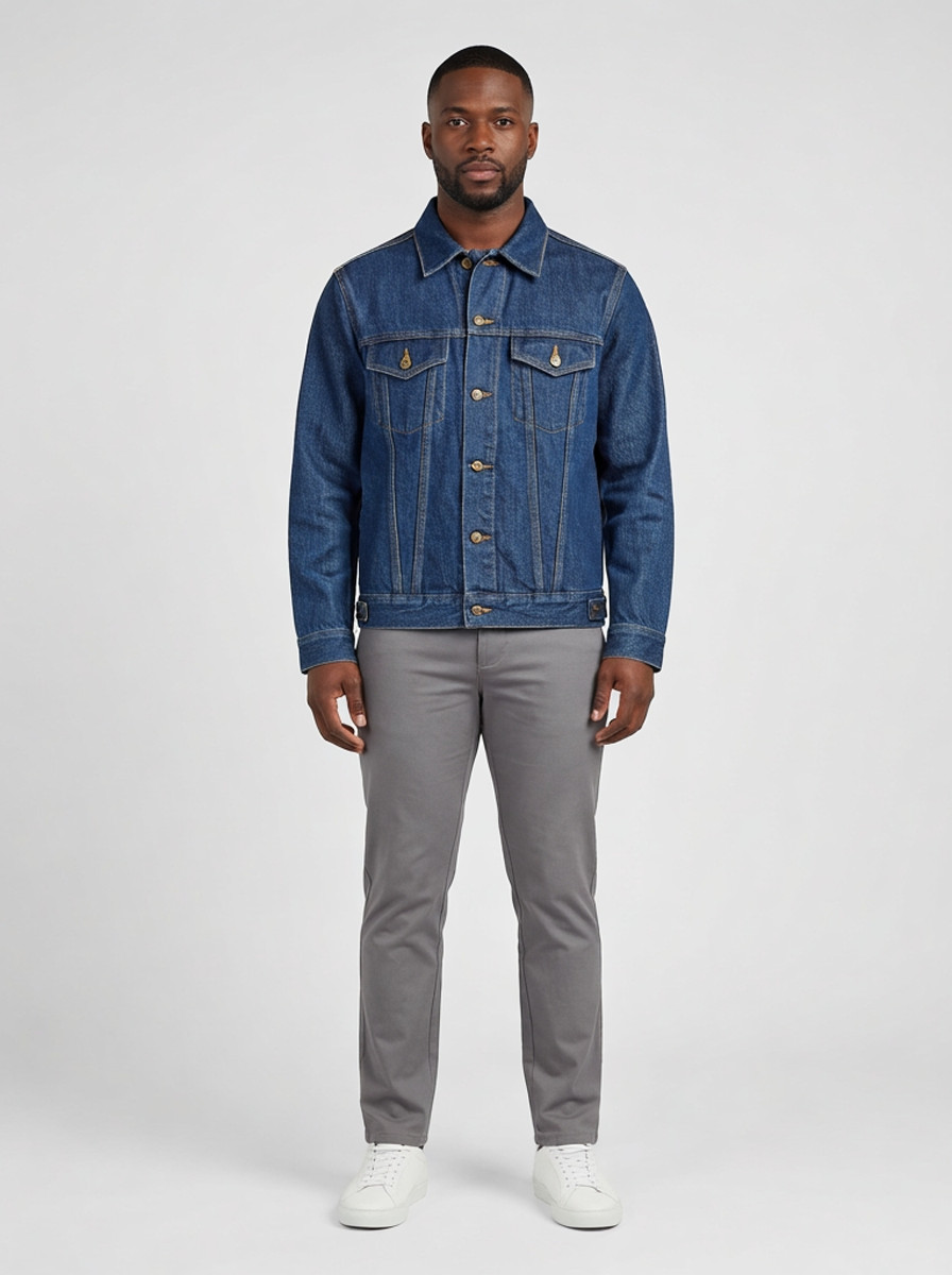 Mid-indigo trucker denim jacket, front