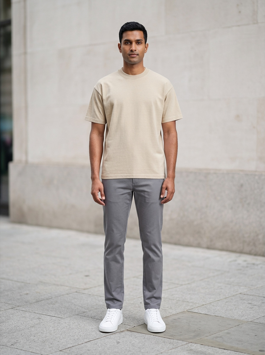 Boxy oat cotton tee, front view, outdoor daylight street