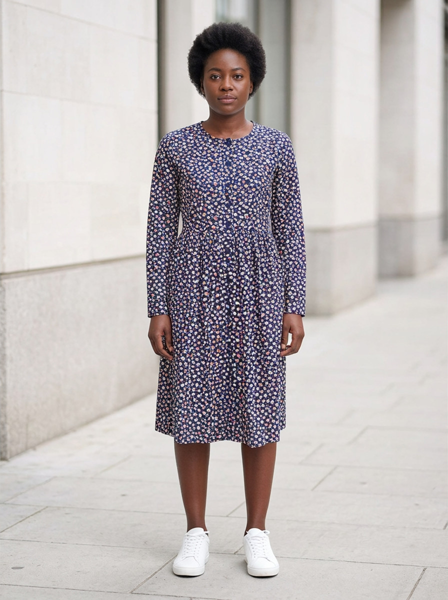 Indigo ditsy floral tea dress, front view, outdoor daylight street