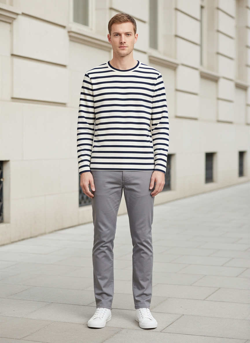 Navy and off-white breton stripe top, front view, outdoor daylight street