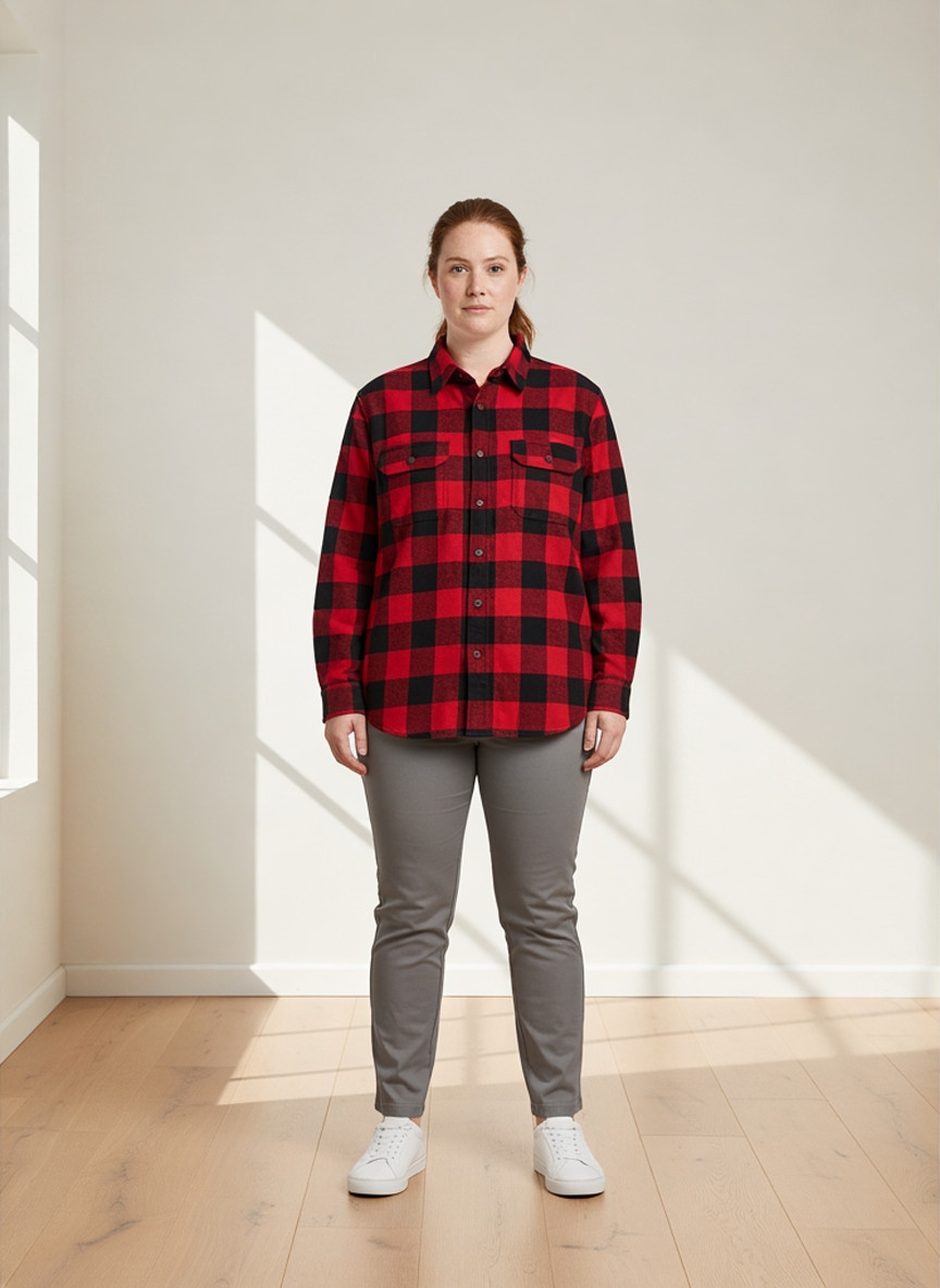 Red and black buffalo check flannel overshirt, front view, warm daylight interior