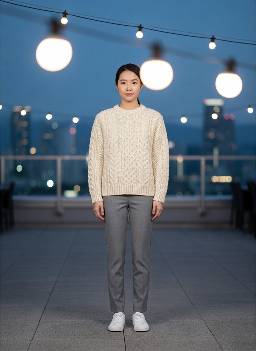 Cream chunky cable knit sweater, front view, blue-hour rooftop event