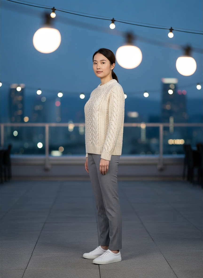 Cream chunky cable knit sweater, three-quarter view, blue-hour rooftop event
