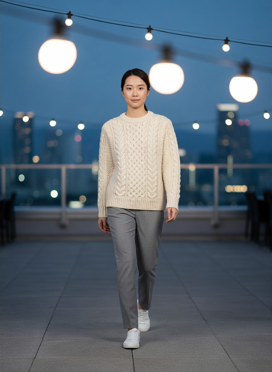 Cream chunky cable knit sweater, walking, blue-hour rooftop event