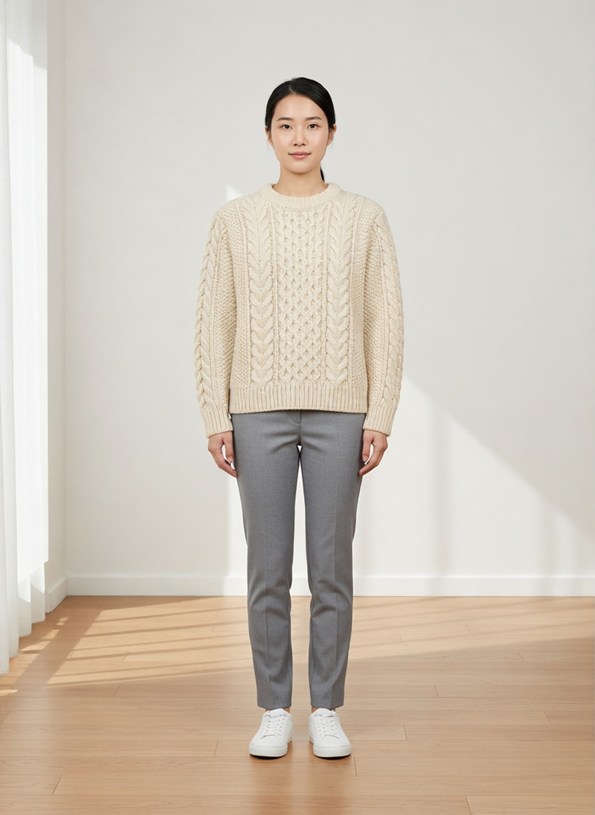 Cream chunky cable knit sweater, front view, warm daylight interior