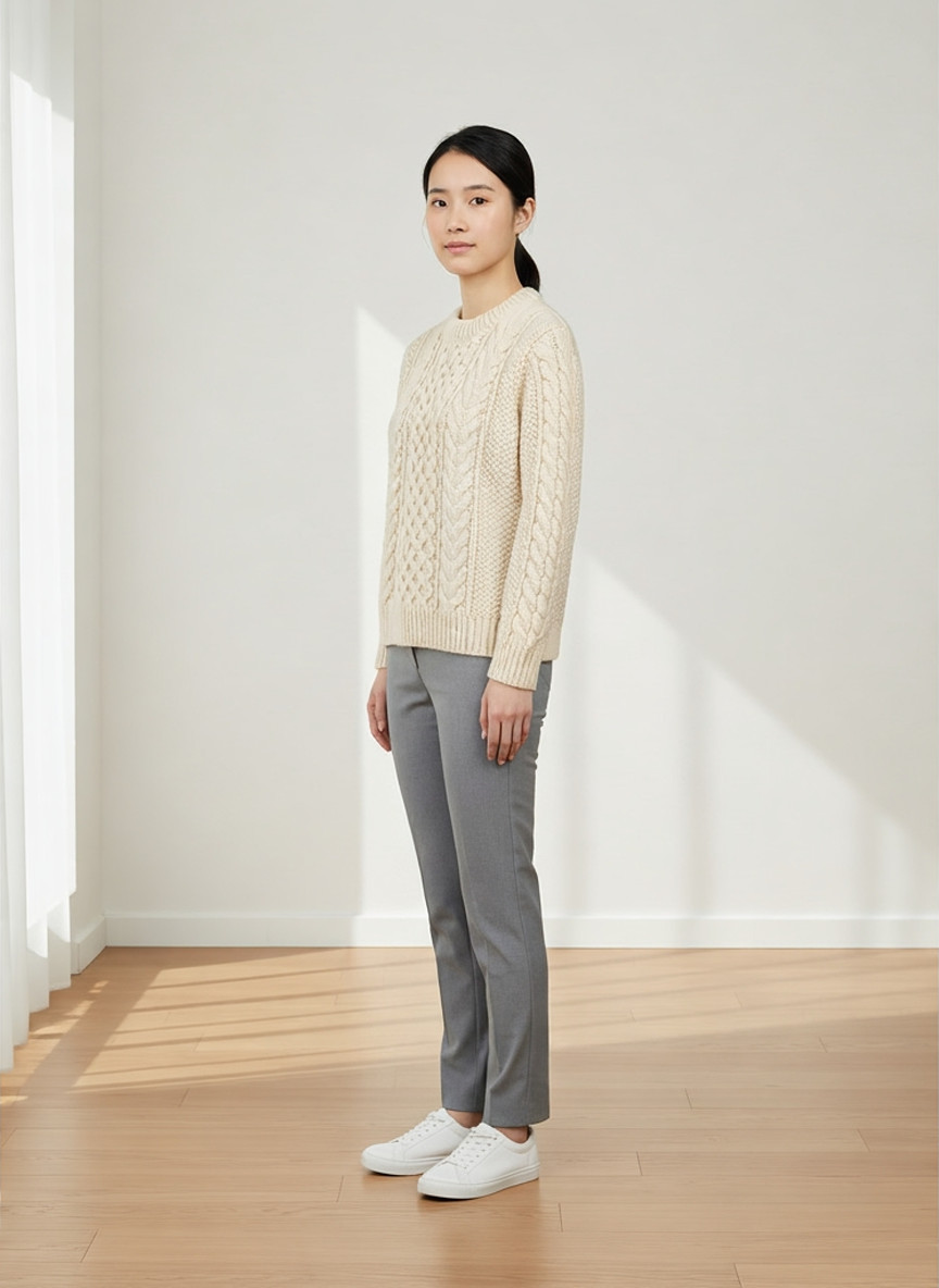 Cream chunky cable knit sweater, three-quarter view, warm daylight interior