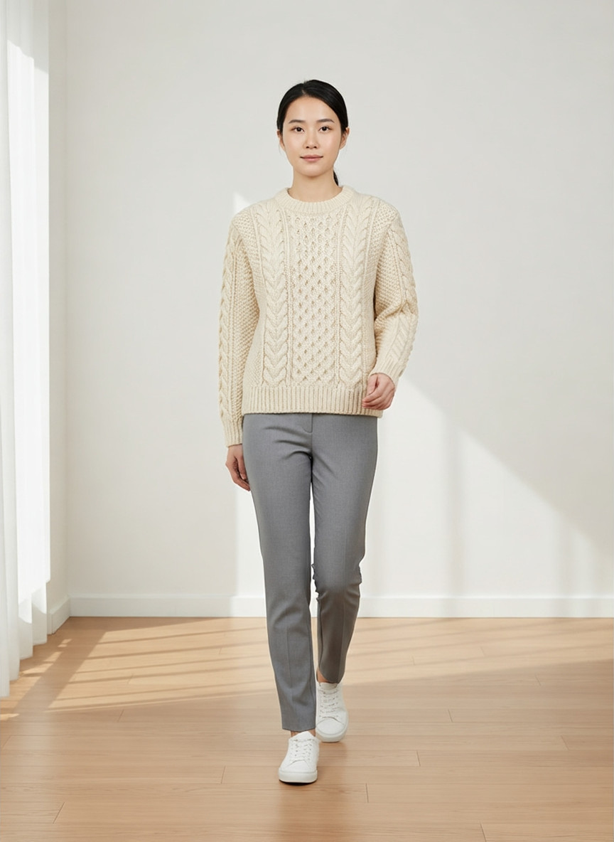 Cream chunky cable knit sweater, walking, warm daylight interior