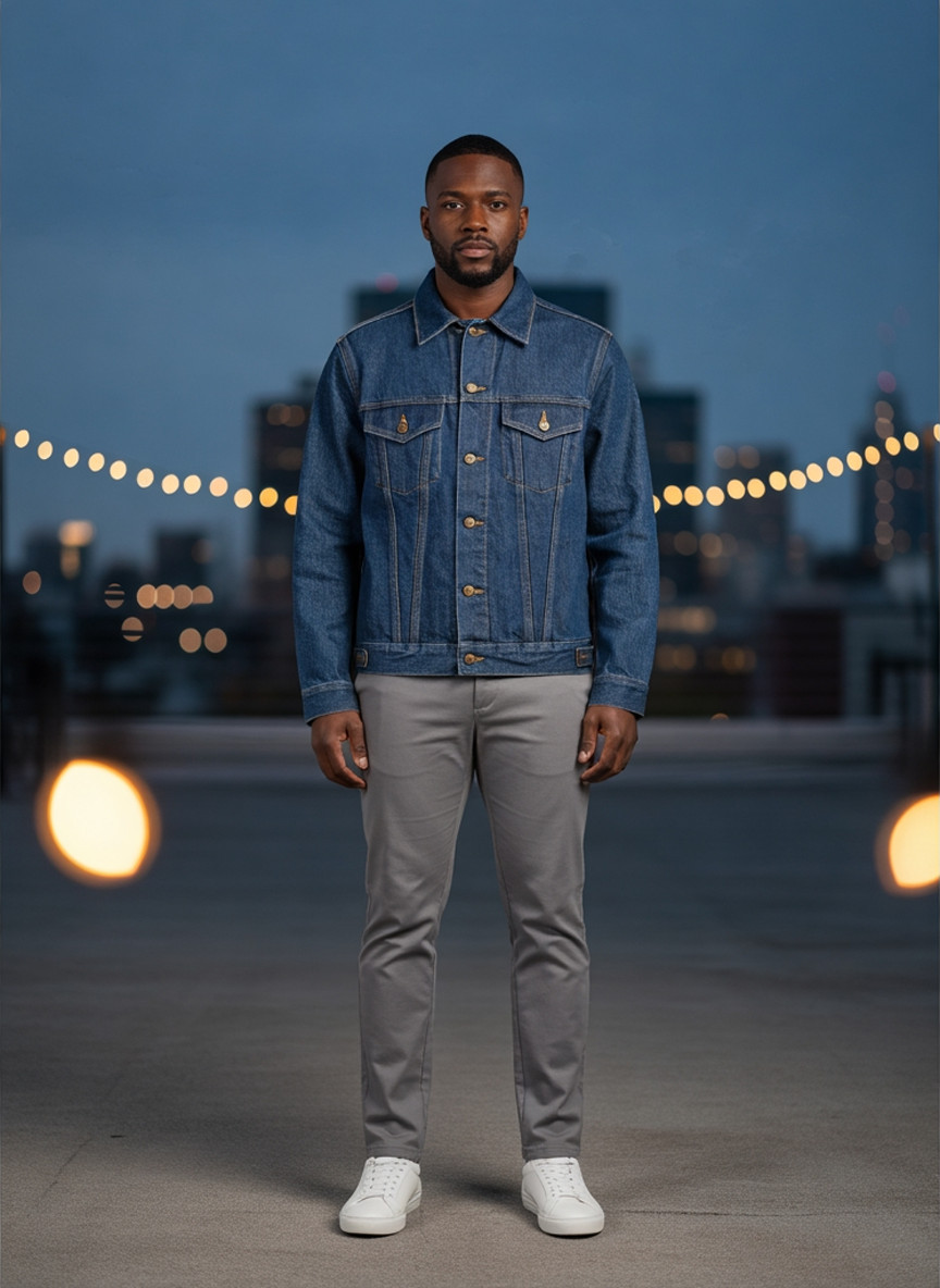 Mid-indigo trucker denim jacket, front view, blue-hour rooftop event