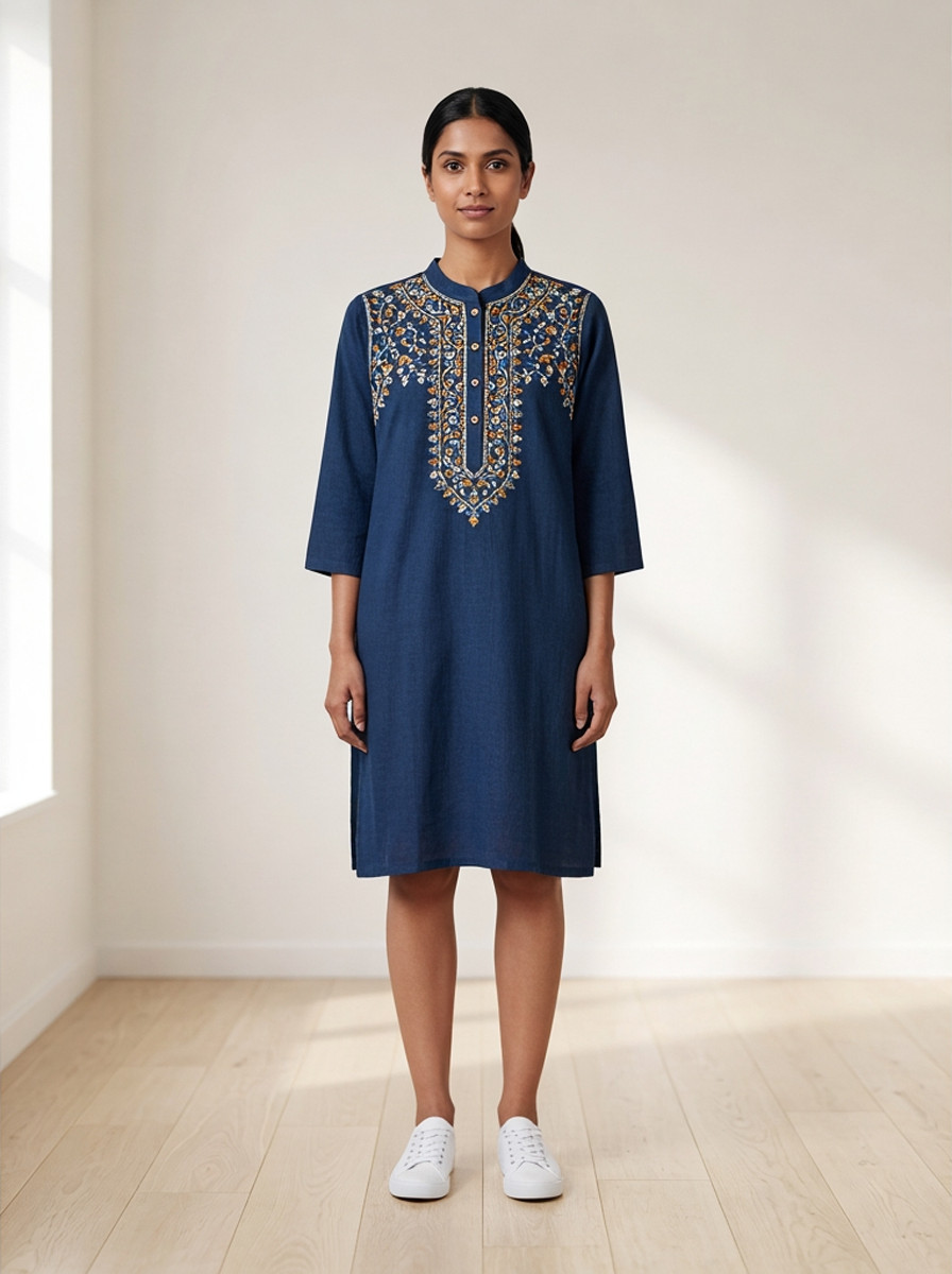 Indigo kurta with embroidered yoke, front view, warm daylight interior